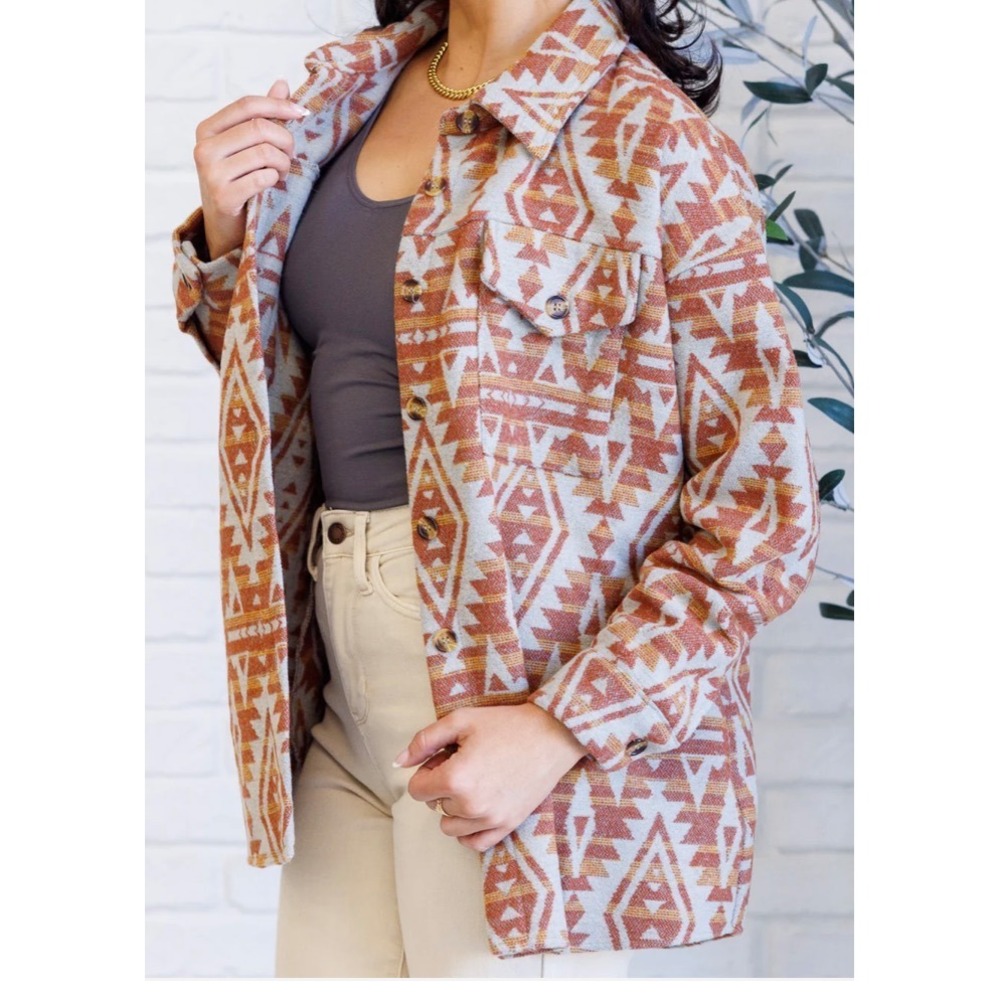 Haptics By Holly Harper Women's Gather Round‎ Aztec Shacket Sz 2X Gray and Brown